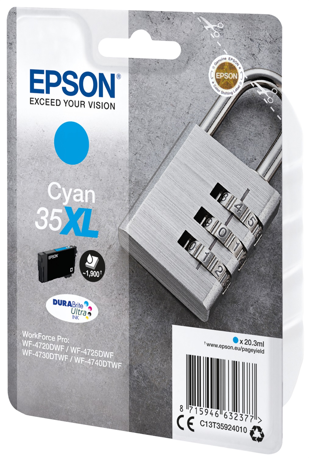 Epson Cartuccia Ciano 35XL DURABrite Ultra Ink - 20,3 ml, Resa 1900 pagine, Compatibile con WF-4720, WF-4725, WF-4730, WF-4740