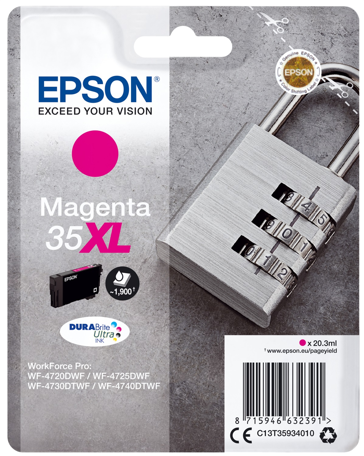 Epson Cartuccia Magenta 35XL DURABrite Ultra Ink - 20,3 ml, Resa Elevata fino a 1900 Pagine