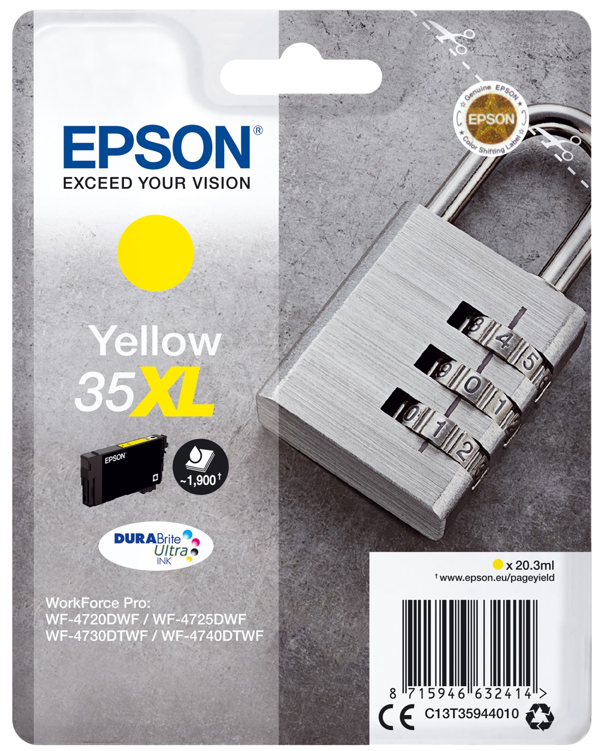 Epson Cartuccia Giallo 35XL C13T35944020 DURABrite Ultra Ink - 20,3 ml, Fino a 1900 Pagine, Compatibile con WorkForce Pro WF-4720/4725/4730/4740
