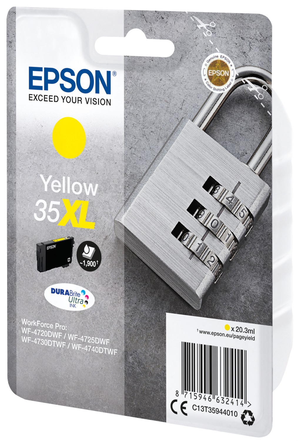 Epson Cartuccia Giallo 35XL C13T35944020 DURABrite Ultra Ink - 20,3 ml, Fino a 1900 Pagine, Compatibile con WorkForce Pro WF-4720/4725/4730/4740