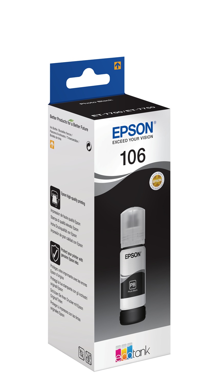 Epson 106 EcoTank Photo Black Ink Bottle - C13T00R140, 70 ml, Inchiostro a base di pigmento, Fino a 5000 pagine, Compatibile con ET-7700 e ET-7750