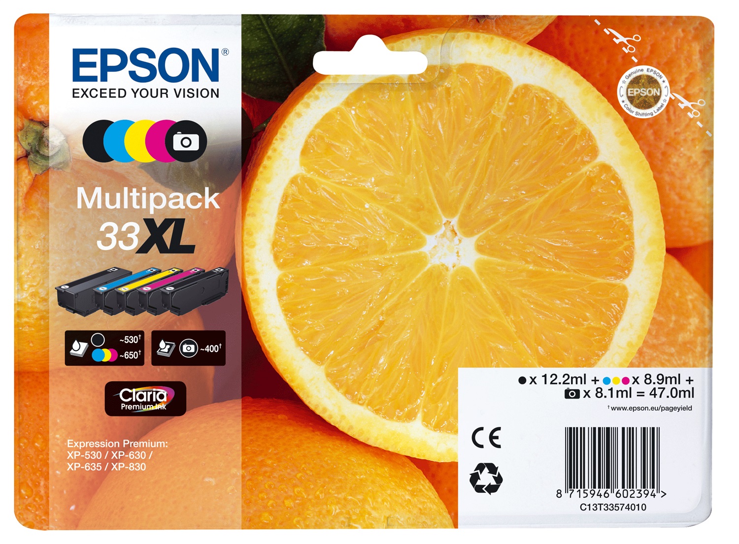 Epson 33XL Claria Premium Ink Multipack 5 Colori - Nero, Ciano, Magenta, Giallo, Nero per Foto
