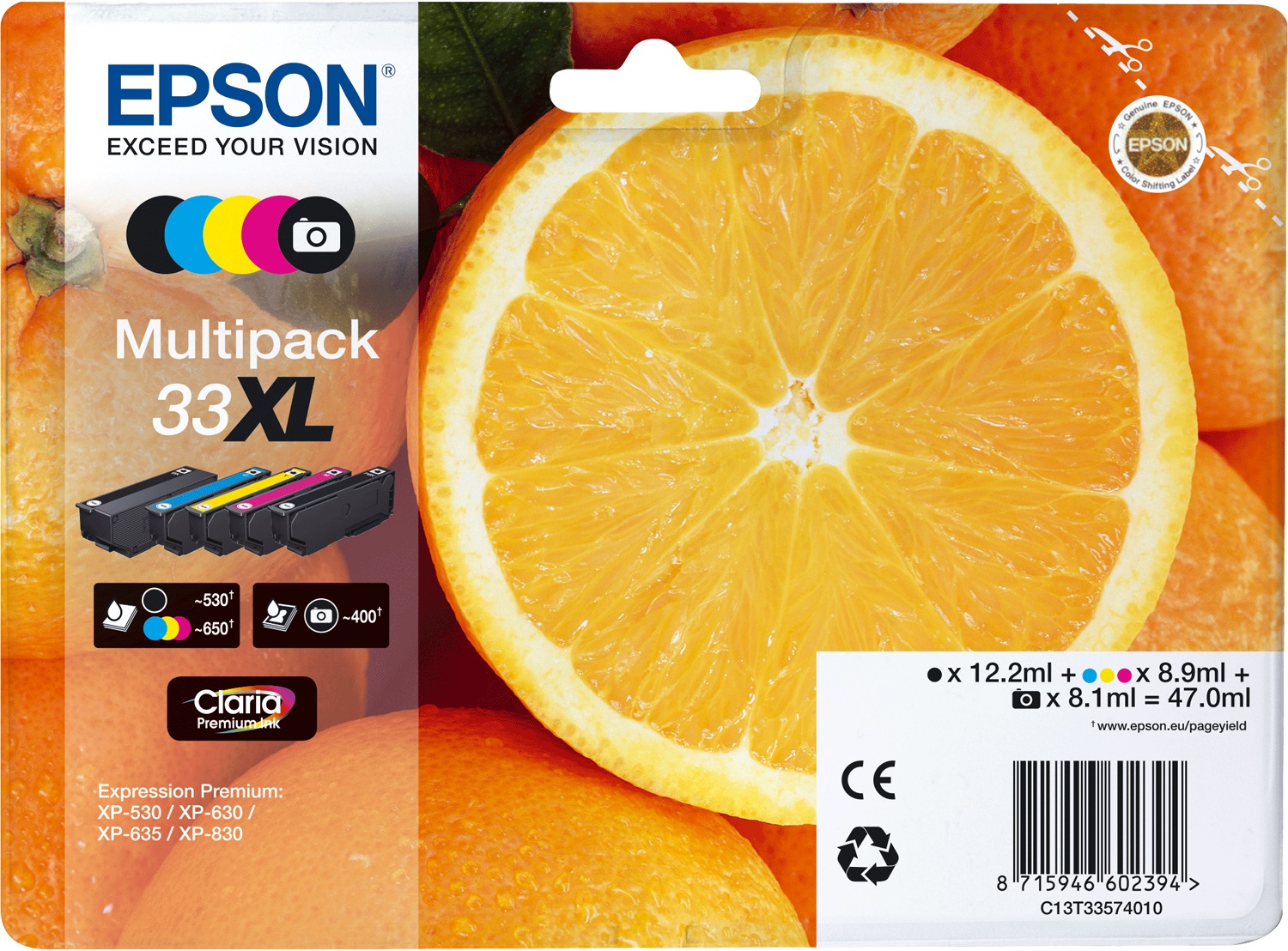 Epson 33XL Claria Premium Ink Multipack 5 Colori - Nero, Ciano, Magenta, Giallo, Nero per Foto