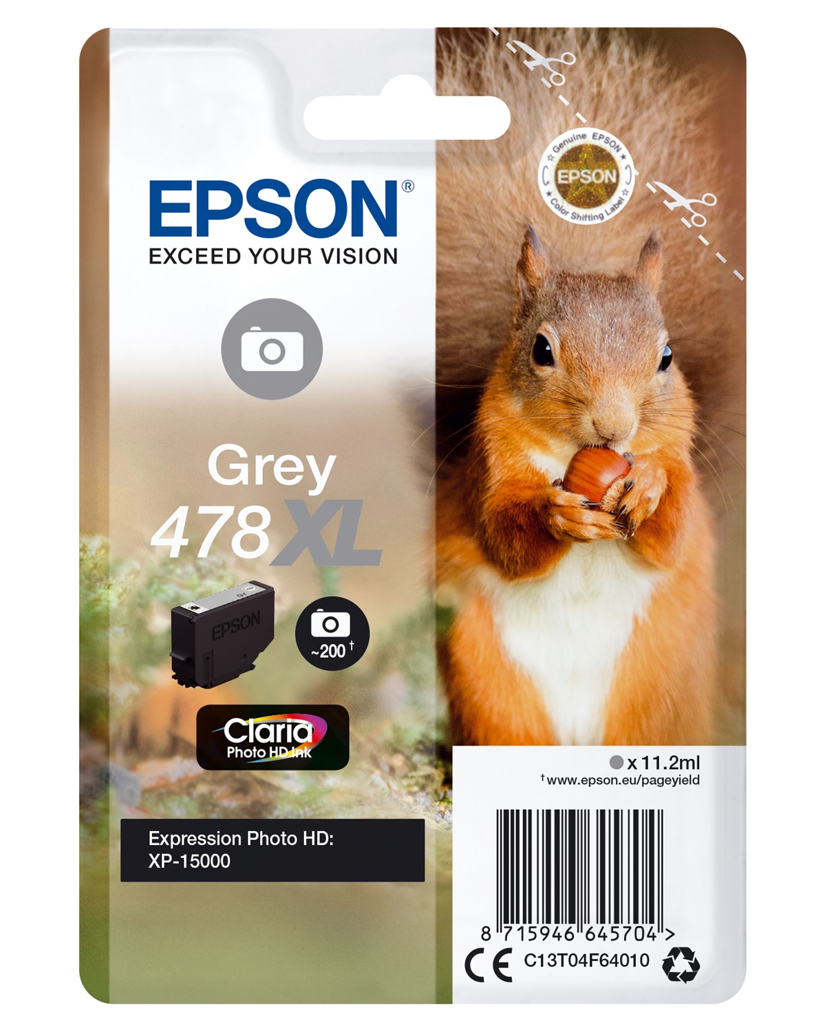 Epson Cartuccia d'Inchiostro Grigio 478XL Claria Photo HD - 11,2 ml, Resa Elevata (~830 Pagine), Compatibile con XP-8500 e XP-15000