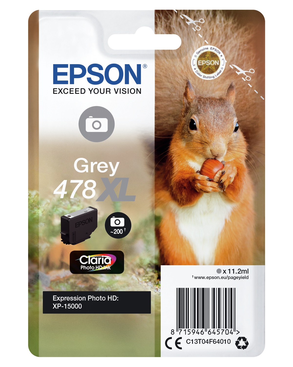 Epson Cartuccia d'Inchiostro Grigio 478XL Claria Photo HD - 11,2 ml, Resa Elevata (~830 Pagine), Compatibile con XP-8500 e XP-15000