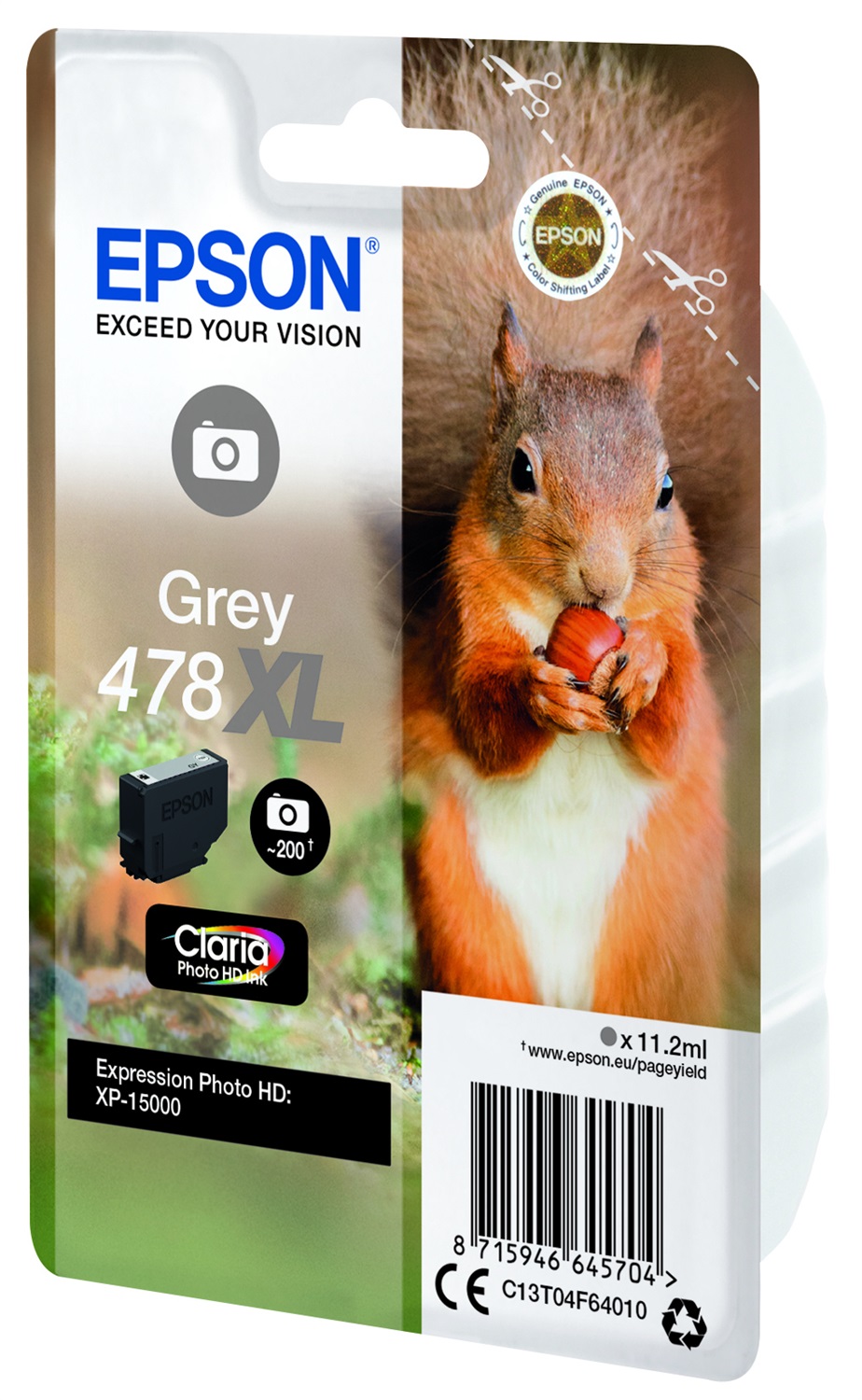 Epson Cartuccia d'Inchiostro Grigio 478XL Claria Photo HD - 11,2 ml, Resa Elevata (~830 Pagine), Compatibile con XP-8500 e XP-15000