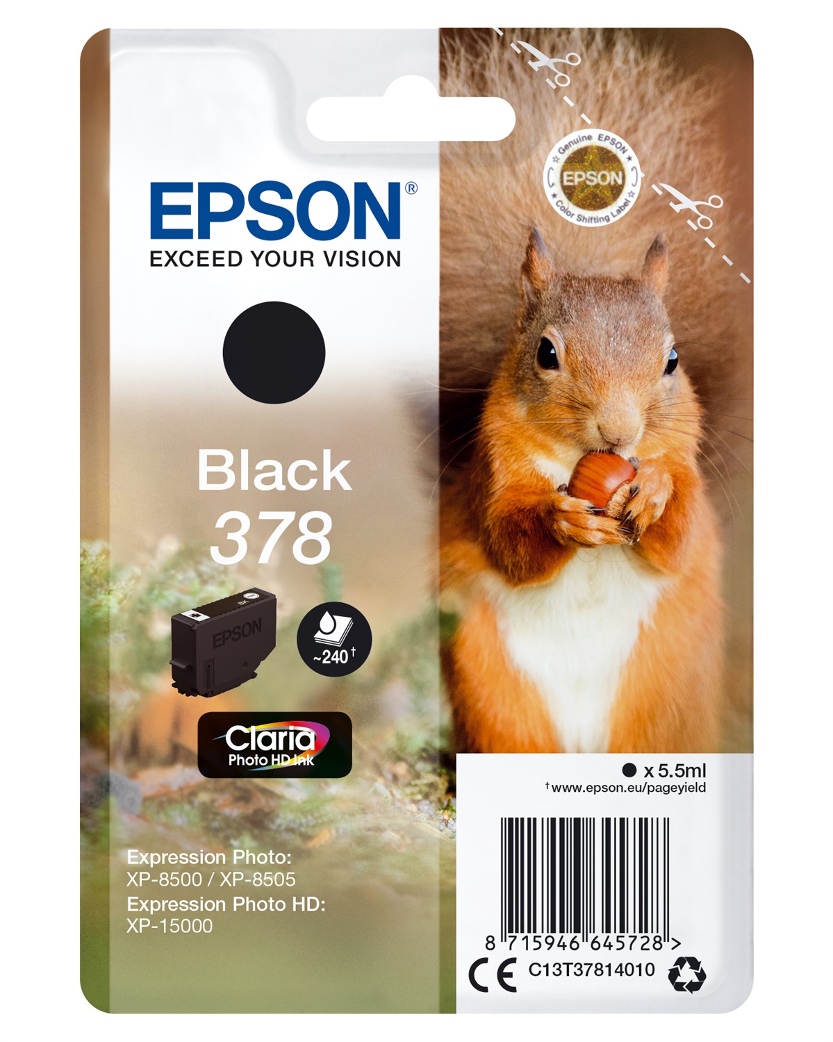 Epson C13T37814010 Cartuccia d'Inchiostro Nero 378 Claria Photo HD - 5,5 ml, ~240 Pagine, Compatibile con XP-8500/XP-8505/XP-15000