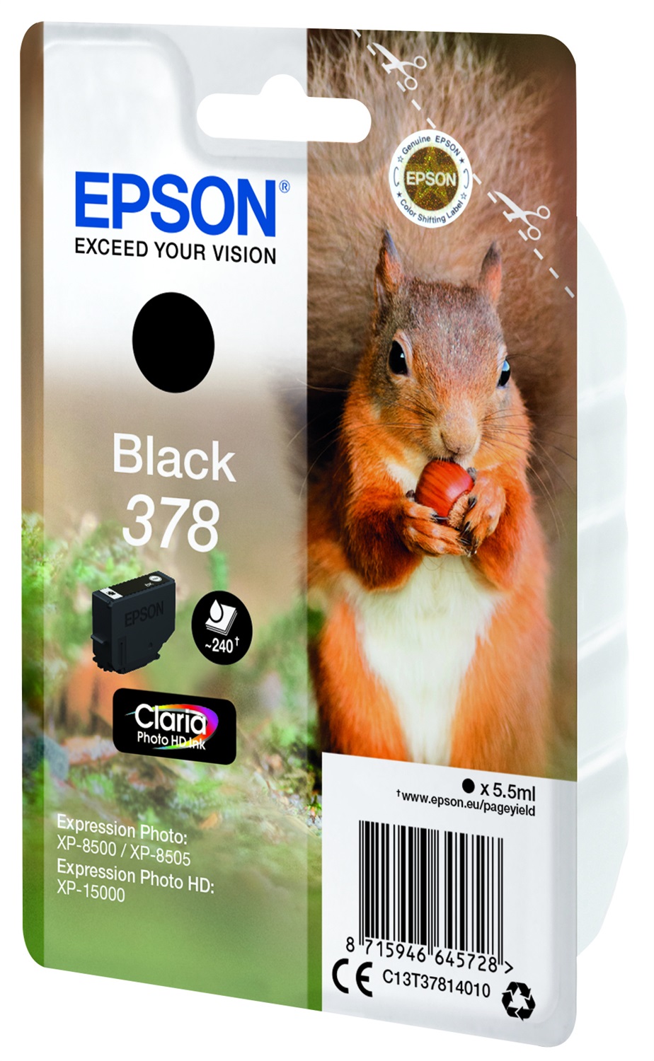 Epson Squirrel Singlepack Black 378 Claria Photo HD Ink - Cartuccia Nero 5,5ml per Expression Photo XP-8500, XP-8600, XP-8605, HD XP-15000, Resa 240 Pagine