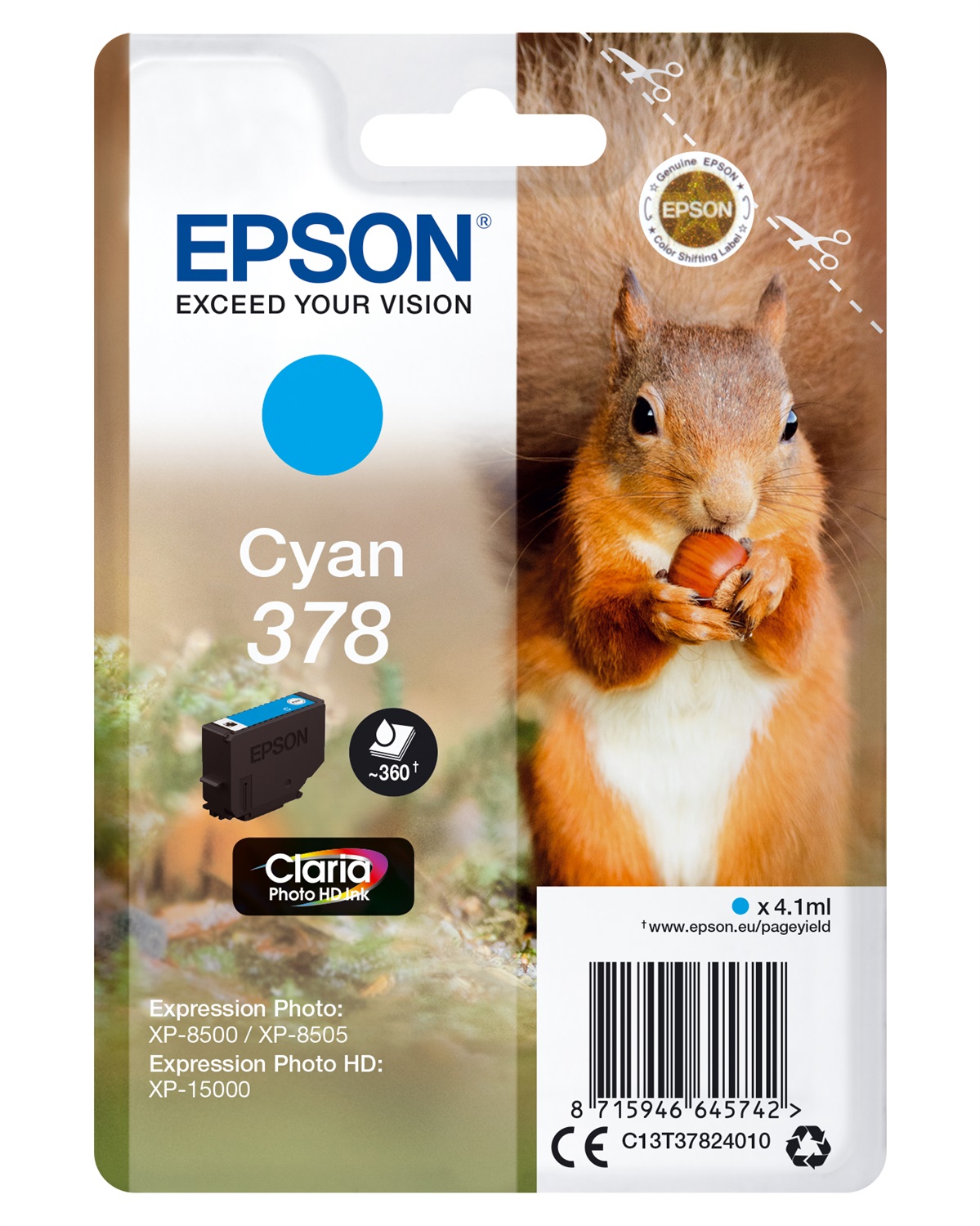 Epson Singlepack Cyan 378 Claria Photo HD Ink - Cartuccia Ciano 4,1ml per Expression Photo XP-8500, XP-8600, XP-8605, HD XP-15000, Resa 360 Pagine