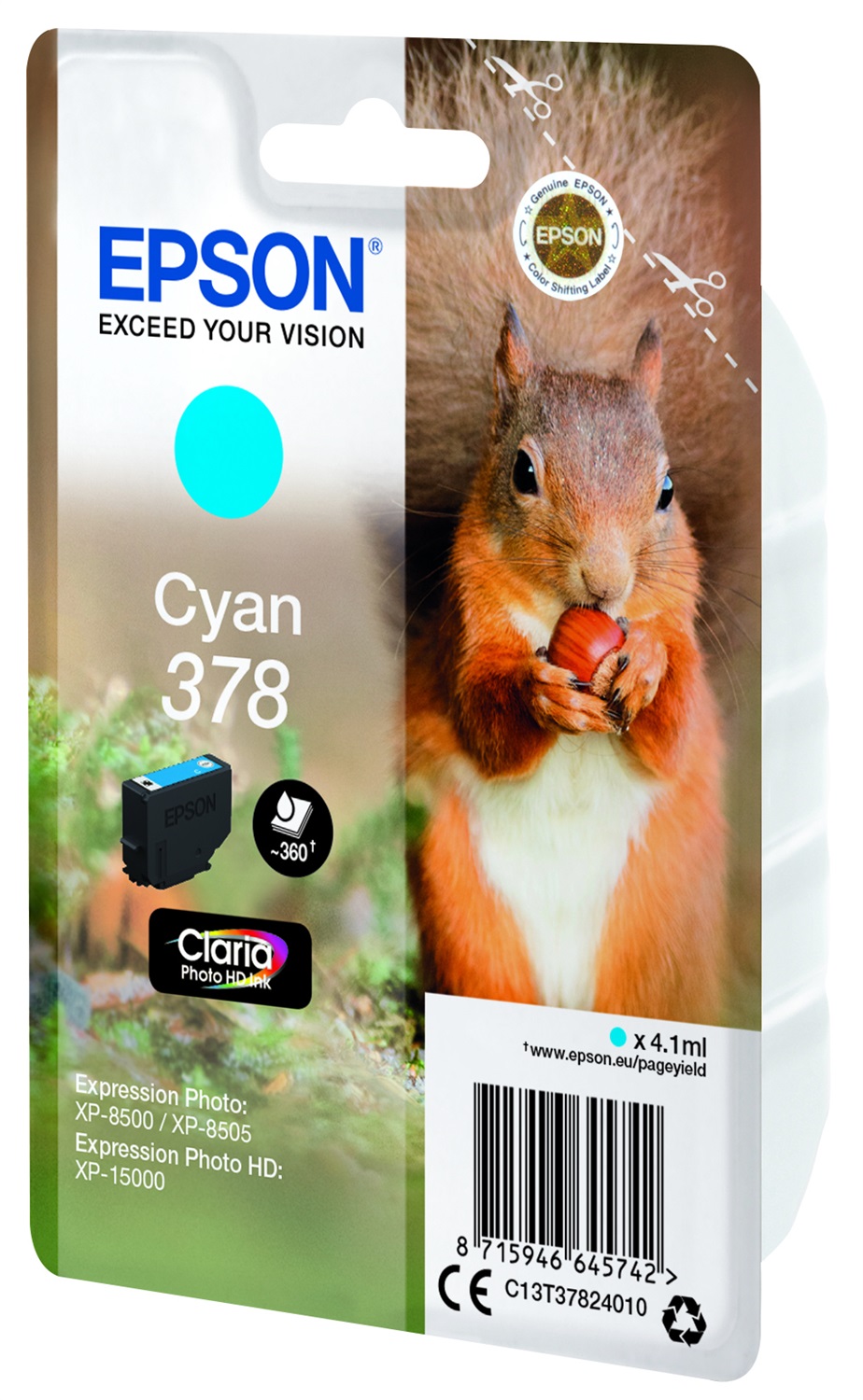Epson Singlepack Cyan 378 Claria Photo HD Ink - Cartuccia Ciano 4,1ml per Expression Photo XP-8500, XP-8600, XP-8605, HD XP-15000, Resa 360 Pagine