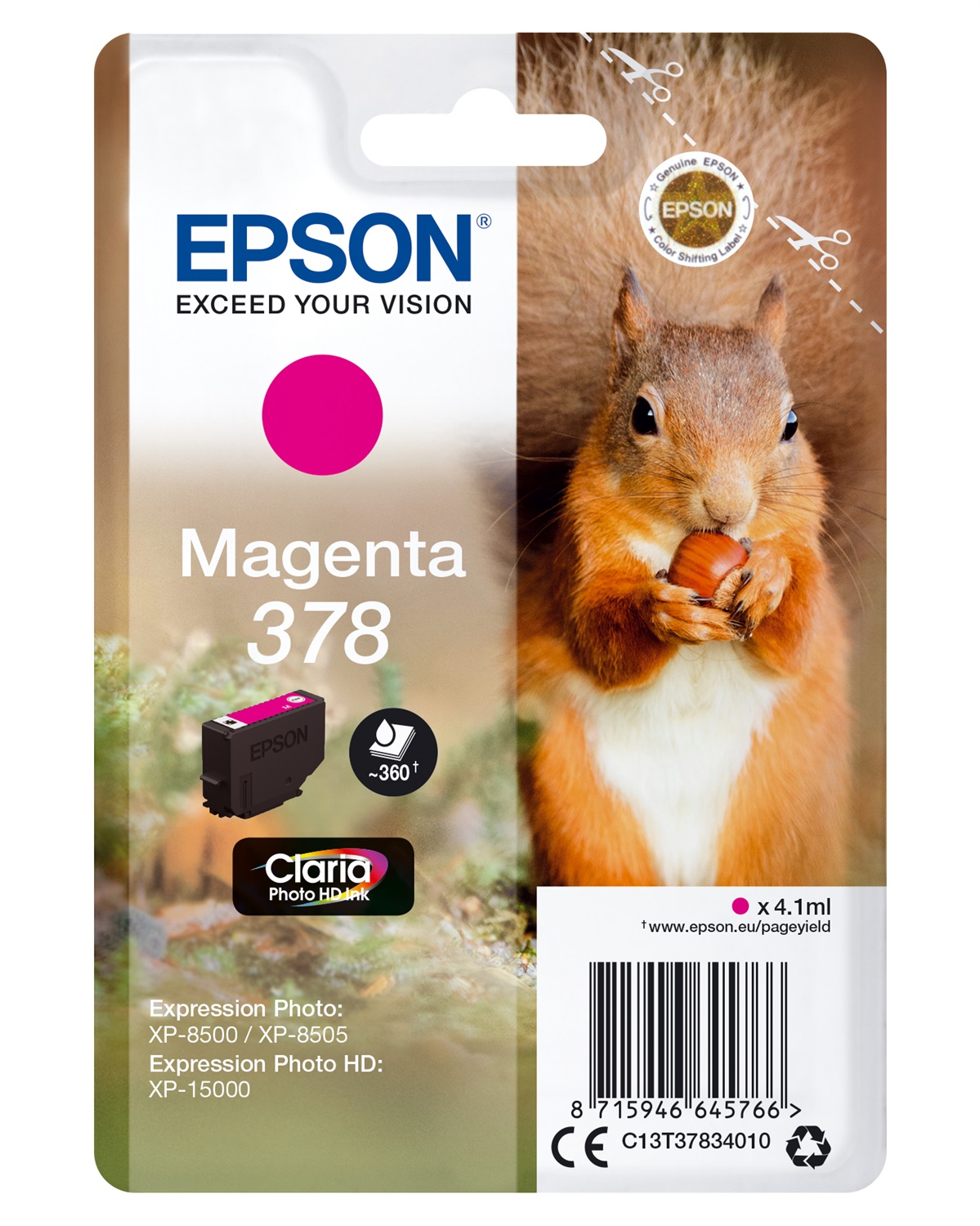 Epson Cartuccia d'Inchiostro Magenta C13T37834010 - 4,1 ml, 360 Pagine, Compatibile con Expression Photo XP-8500/XP-8600/XP-15000
