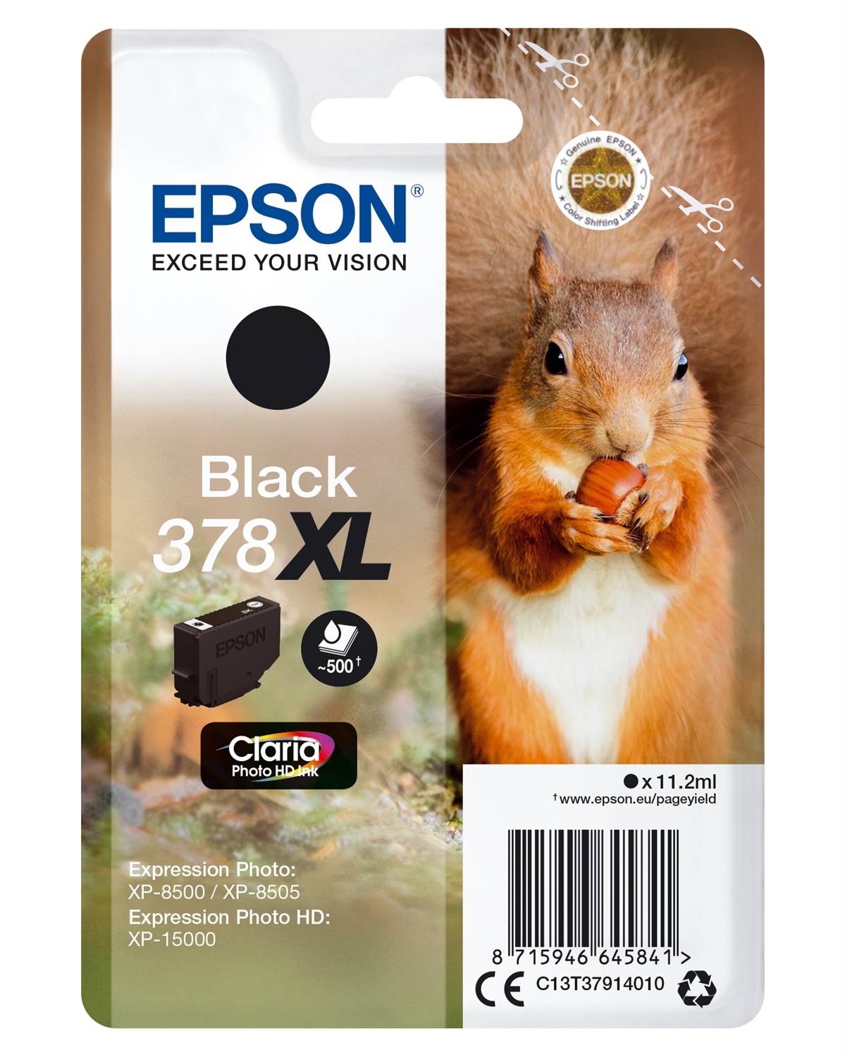 Epson Squirrel Singlepack Black 378XL Claria Photo HD Ink - 11,2 ml, Nero, 500 Pagine, Compatibile con Expression Photo XP-8500/8505/8600/8605/HD XP-15000