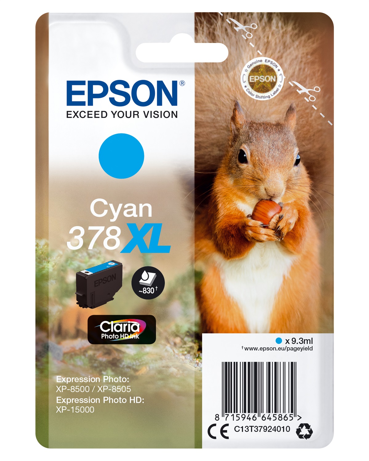 Epson 378XL Singlepack Ciano Claria Photo HD Ink - 9,3 ml, 830 pagine, compatibile con XP-8500, XP-8600, XP-8605, HD XP-15000