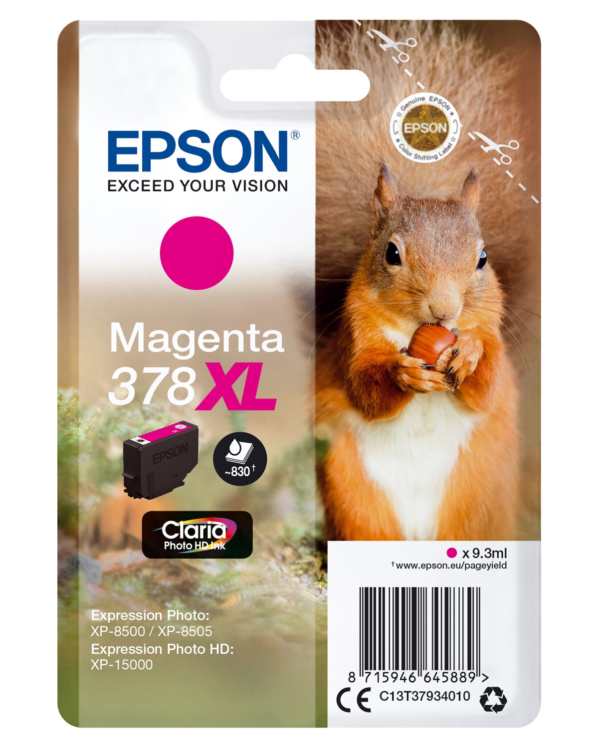 Epson Cartuccia d'Inchiostro Magenta 378XL C13T37934010 - 9,3 ml, Resa Elevata (~830 pagine), Inchiostro a Base di Pigmento