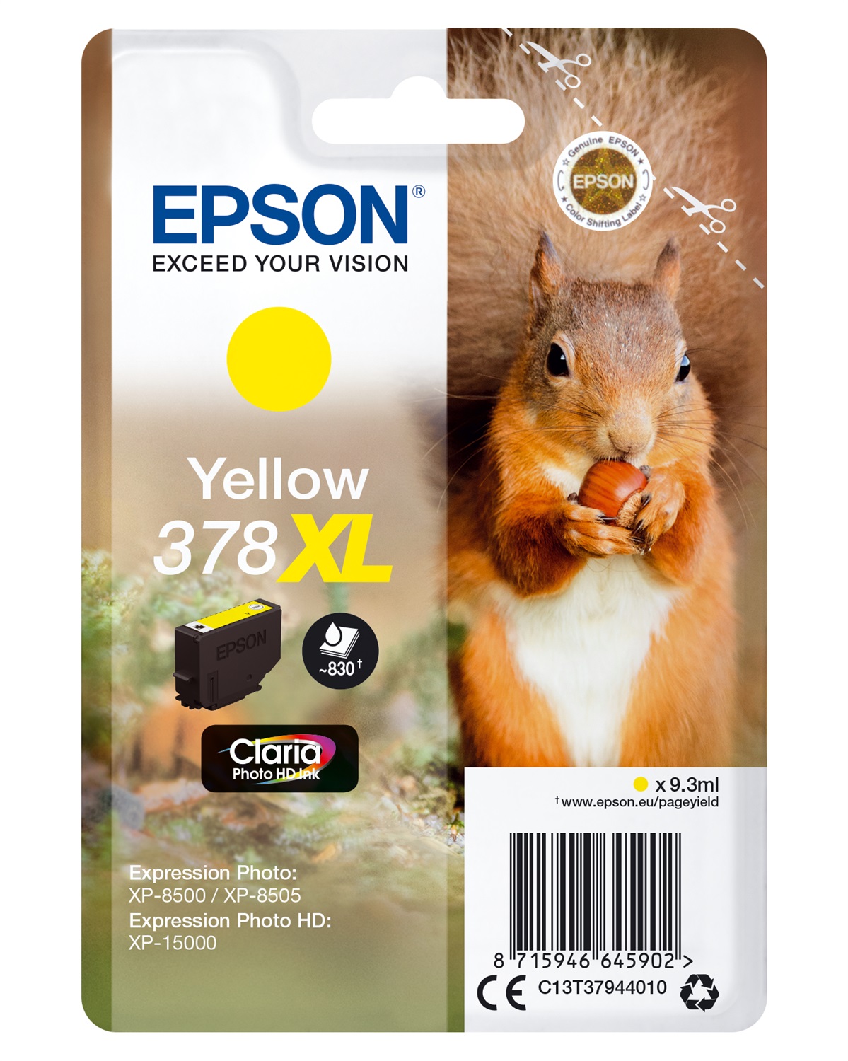 Epson Cartuccia d'Inchiostro Giallo 378XL C13T37944010 - 9,3 ml, Resa Elevata (830 Pagine), Inchiostro a Base di Pigmento