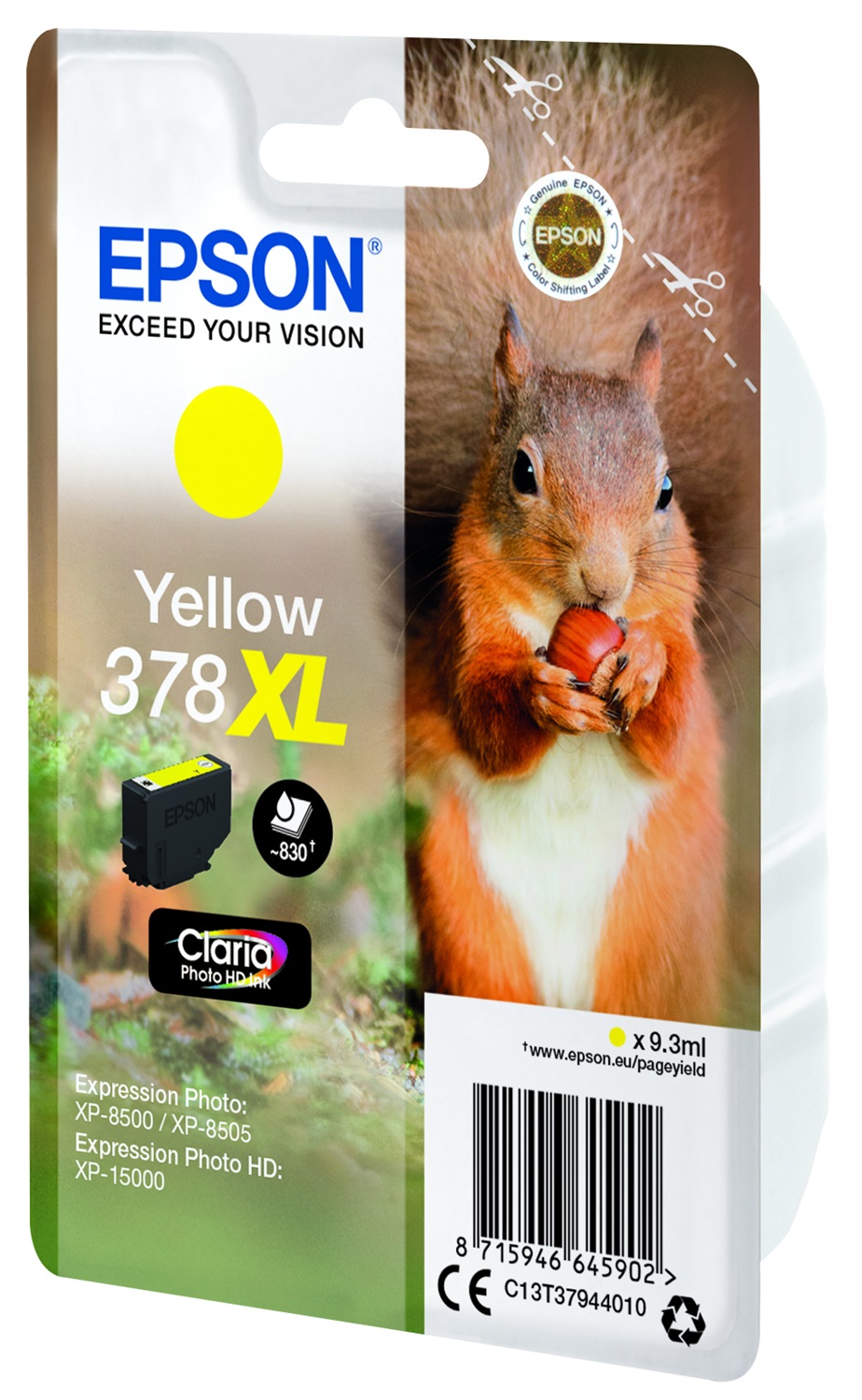 Epson Cartuccia d'Inchiostro Giallo 378XL C13T37944010 - 9,3 ml, Resa Elevata (830 Pagine), Inchiostro a Base di Pigmento