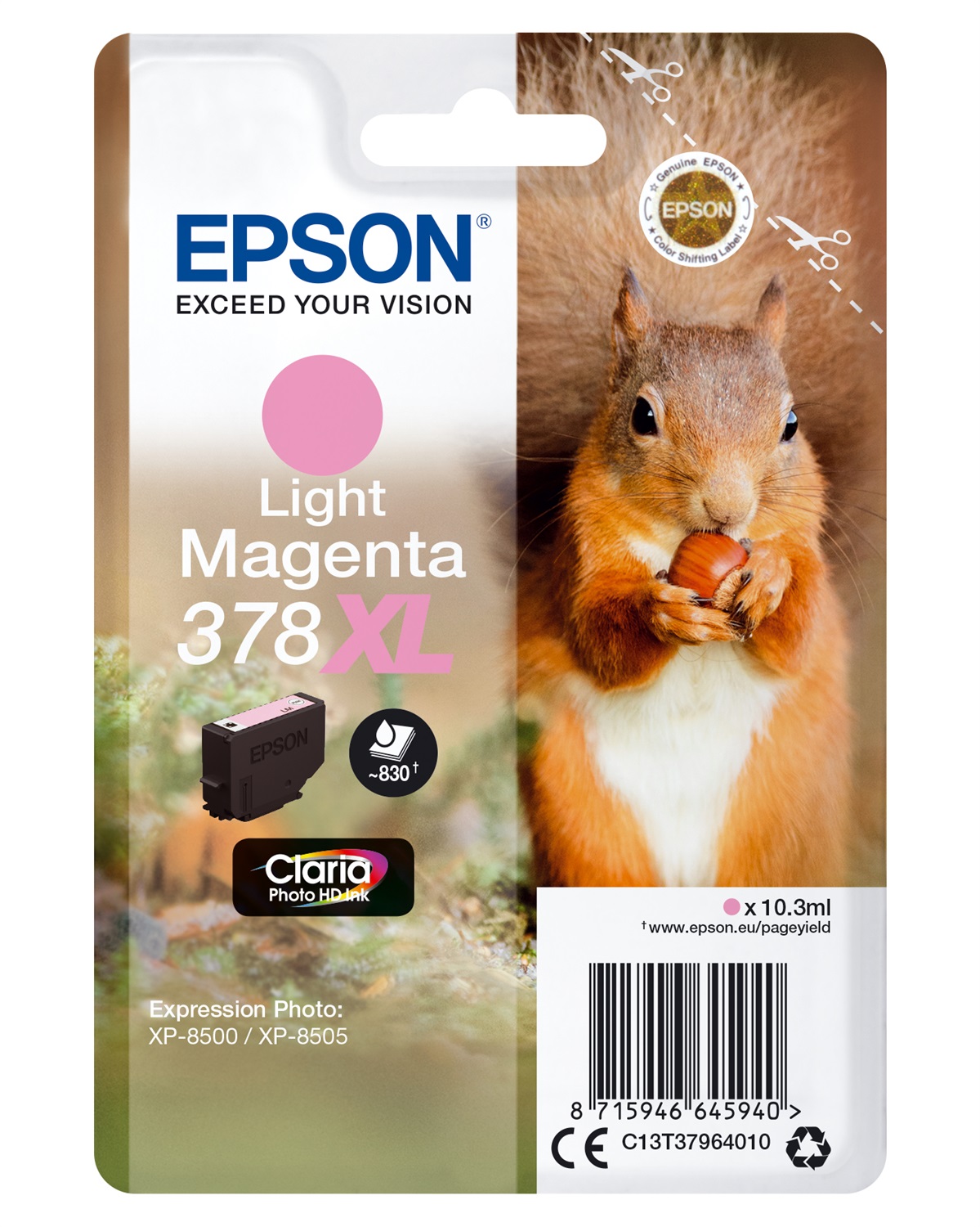 Epson Squirrel Singlepack Light Magenta 378XL Claria Photo HD Ink - 10,3 ml, 830 pagine, Compatibile con XP-8500/XP-8505/XP-8600/XP-8605/HD XP-15000