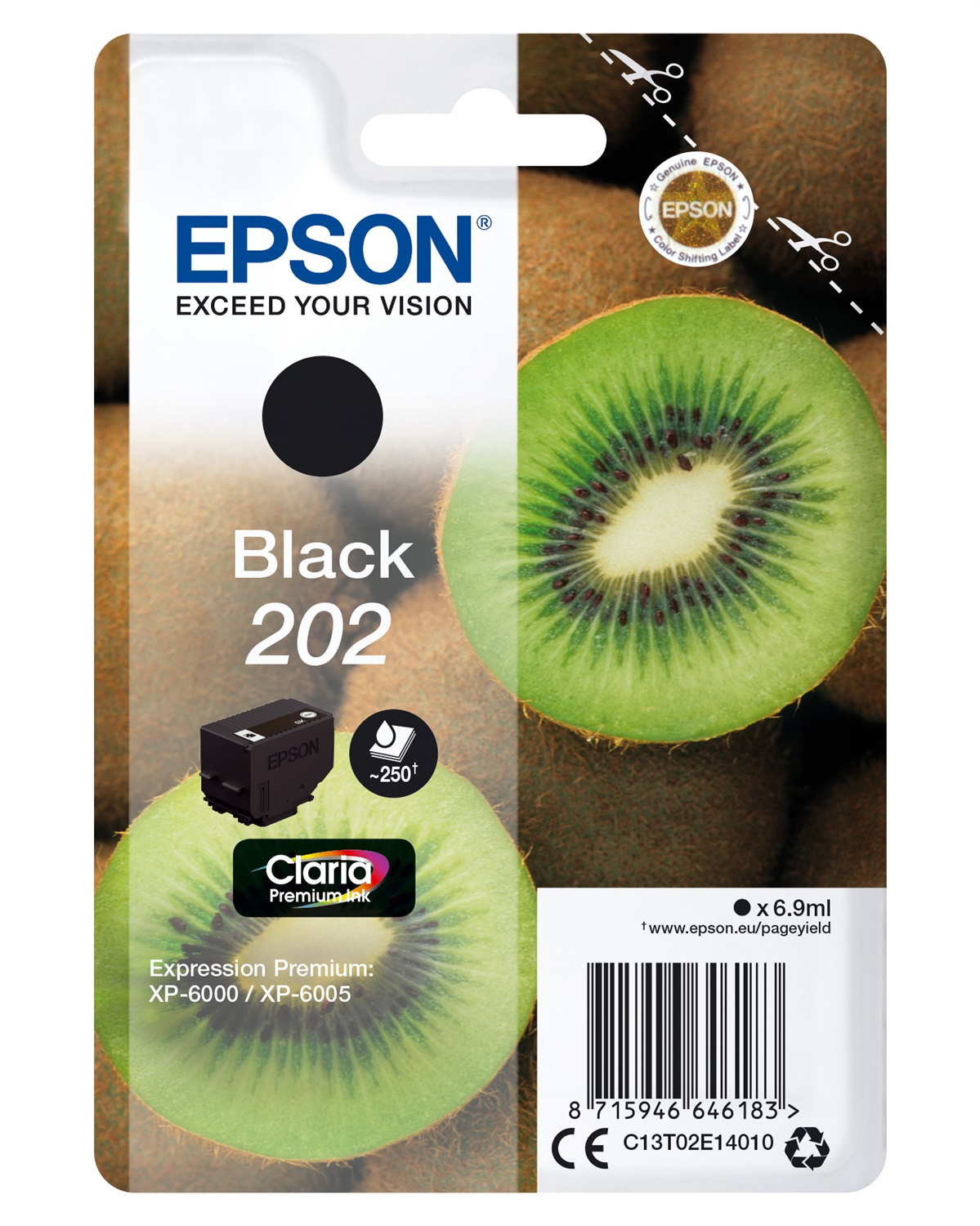 Epson Cartuccia inchiostro Nero Kiwi 202 Claria Premium - 6,9 ml, Fino a 250 Pagine, Compatibile con XP-6000/XP-6005/XP-6100