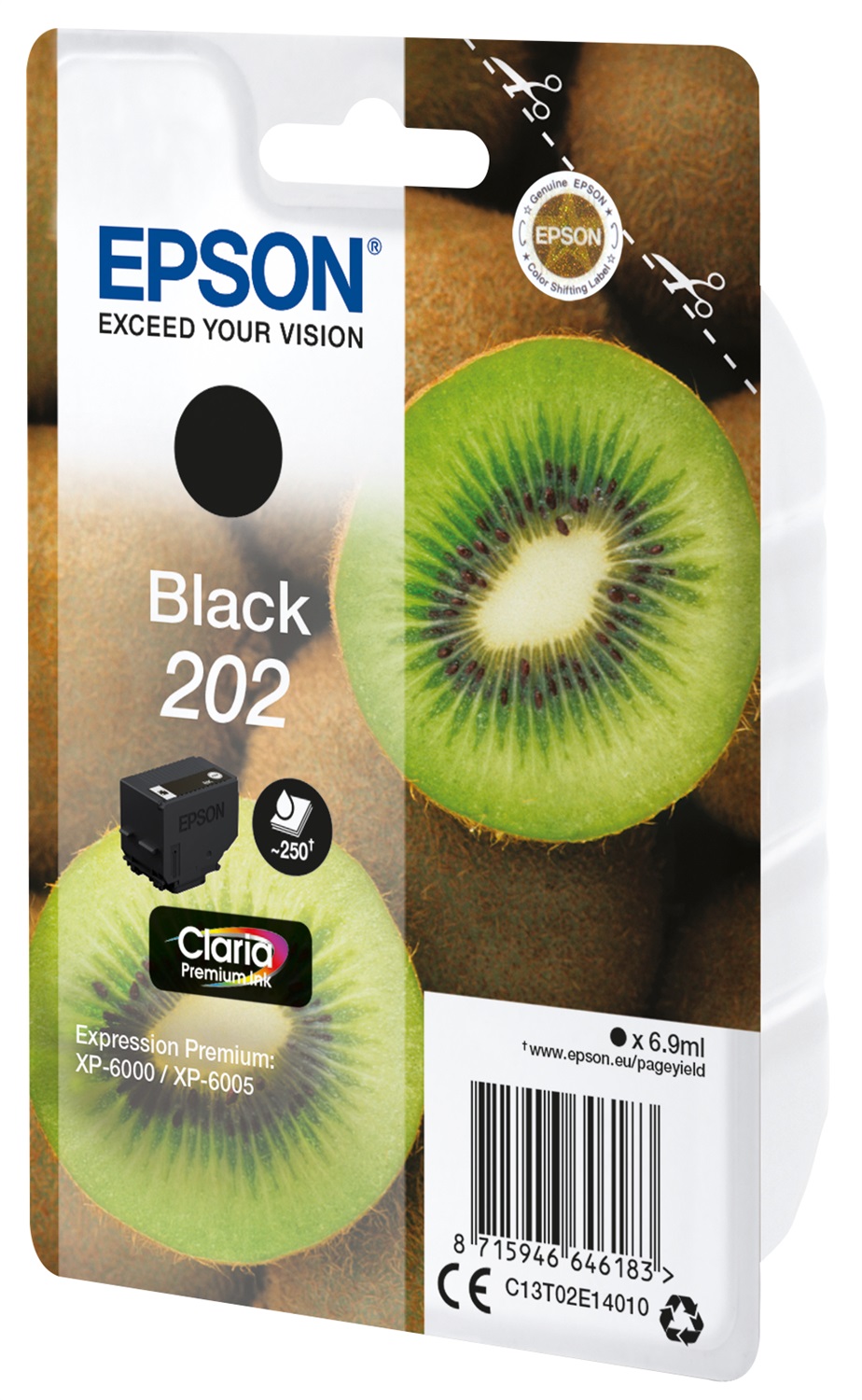 Epson Cartuccia inchiostro Nero Kiwi 202 Claria Premium - 6,9 ml, Fino a 250 Pagine, Compatibile con XP-6000/XP-6005/XP-6100