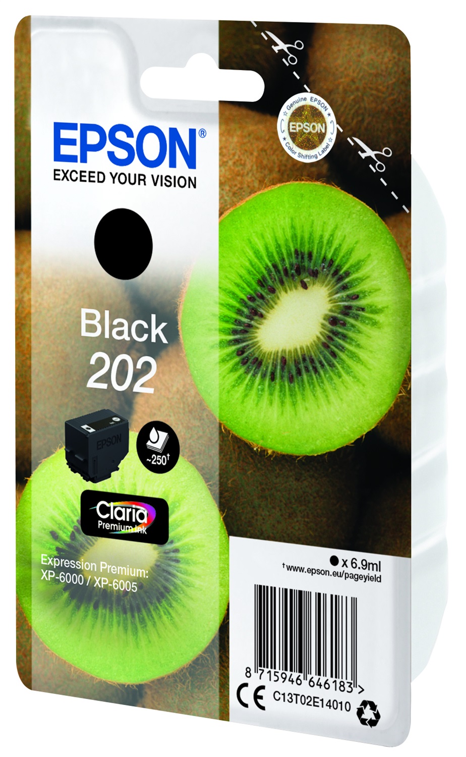 Epson Cartuccia inchiostro Nero Kiwi 202 Claria Premium - 6,9 ml, Fino a 250 Pagine, Compatibile con XP-6000/XP-6005/XP-6100
