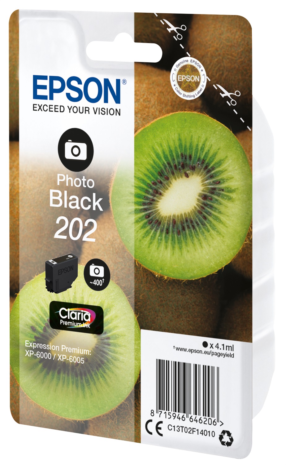 Epson Kiwi Cartuccia d'Inchiostro Nero Foto 202 Claria Premium Ink - 4,1 ml, 400 Pagine, Compatibile con XP-6000/XP-6005/XP-6100/XP-6105