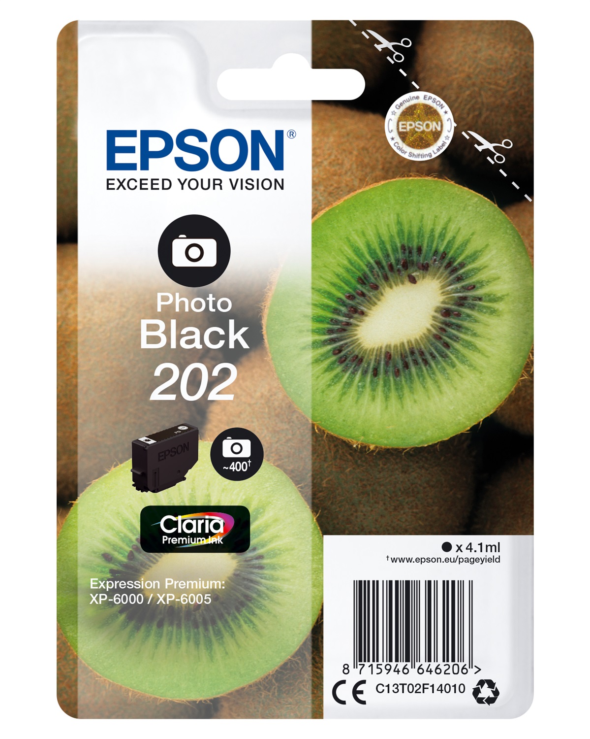 Epson Kiwi Singlepack Photo Black 202 Claria Premium Ink - Cartuccia Nero per Foto, 4,1 ml, 400 Pagine, Compatibile con Expression Premium XP-6000 Series
