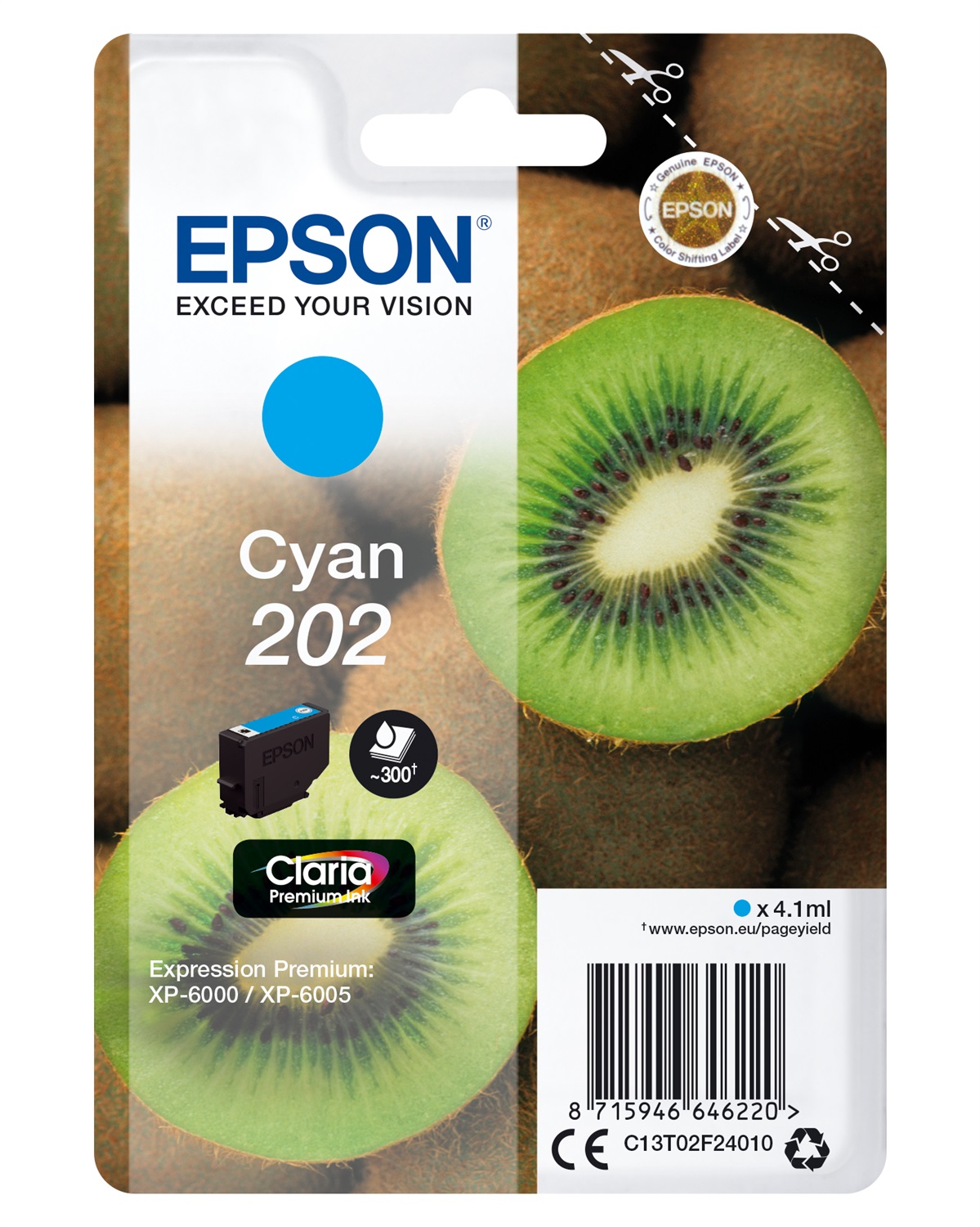 Epson Cartuccia Ciano 202 Claria Premium Ink - 4,1 ml, 300 Pagine, Compatibile con XP-6000/XP-6100