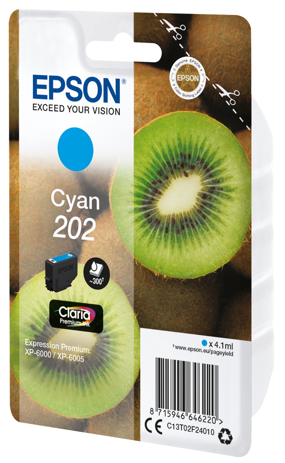 Epson Cartuccia Ciano 202 Claria Premium Ink - 4,1 ml, 300 Pagine, Compatibile con XP-6000/XP-6100