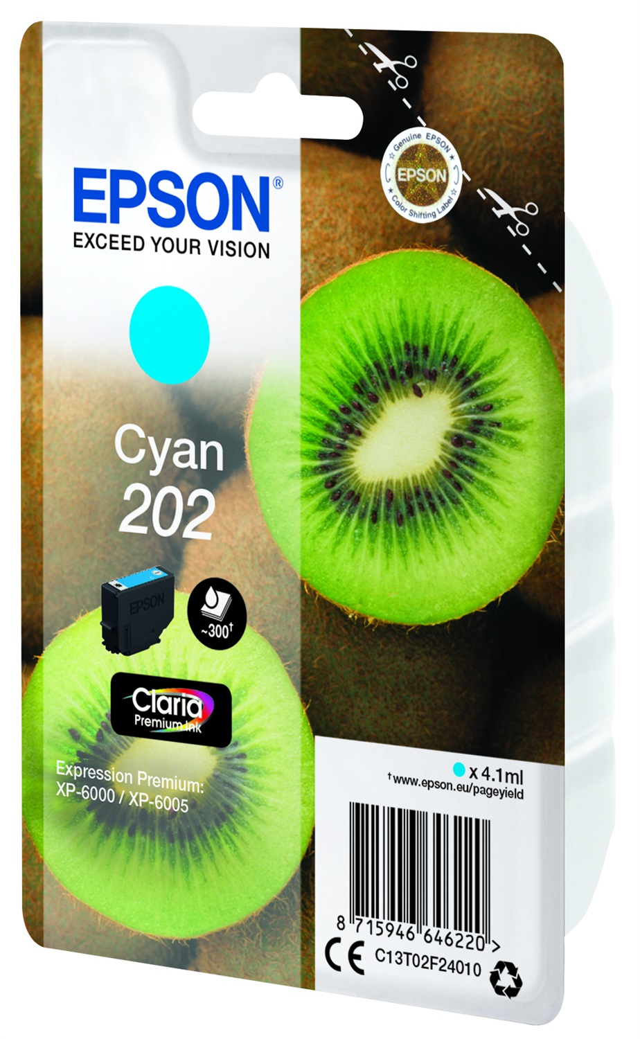 Epson Cartuccia Ciano 202 Claria Premium Ink - 4,1 ml, 300 Pagine, Compatibile con XP-6000/XP-6100