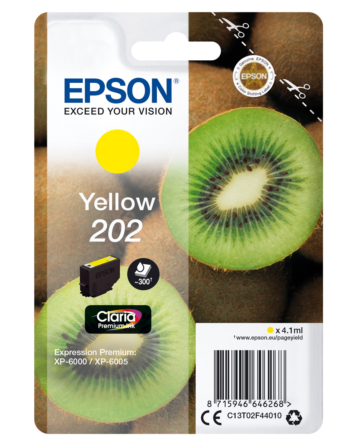 Epson Cartuccia d'Inchiostro Giallo C13T02F44010 202 - Claria Premium Ink, 4,1 ml, Resa Standard, 300 Pagine, Compatibile con XP-6000/6005/6100/6105