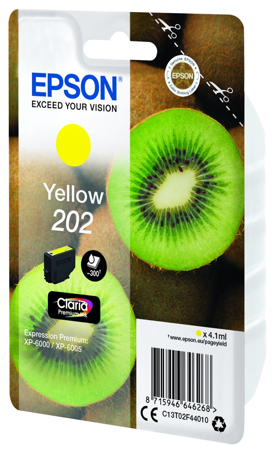 Epson Cartuccia d'Inchiostro Giallo C13T02F44010 202 - Claria Premium Ink, 4,1 ml, Resa Standard, 300 Pagine, Compatibile con XP-6000/6005/6100/6105
