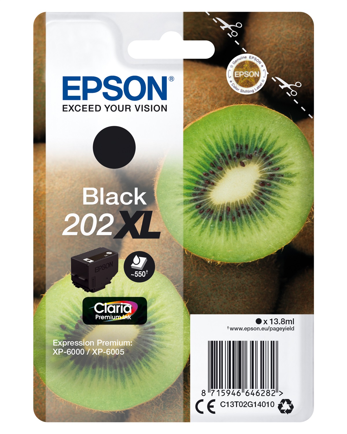 Epson Cartuccia Inchiostro Nero 202XL Kiwi Claria Premium Ink - 13,8ml, 550 Pagine, Compatibile con Expression Premium XP-6000 e XP-6100