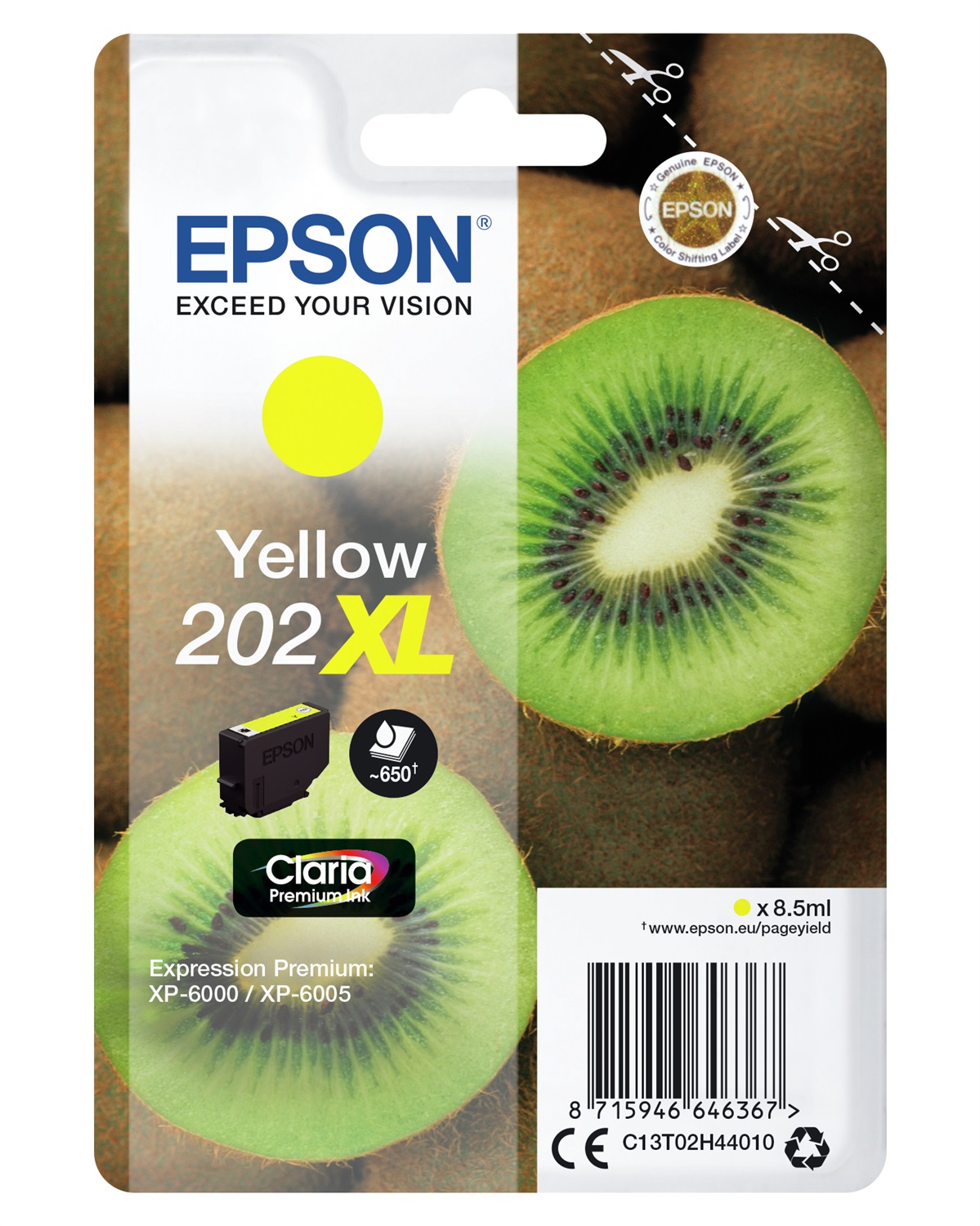 Epson 202XL Giallo Claria Premium Ink - Cartuccia da 8,5 ml, Resa Elevata (XL), 650 Pagine, Compatibile con Expression Premium XP-6000/XP-6005/XP-6100/XP-6105