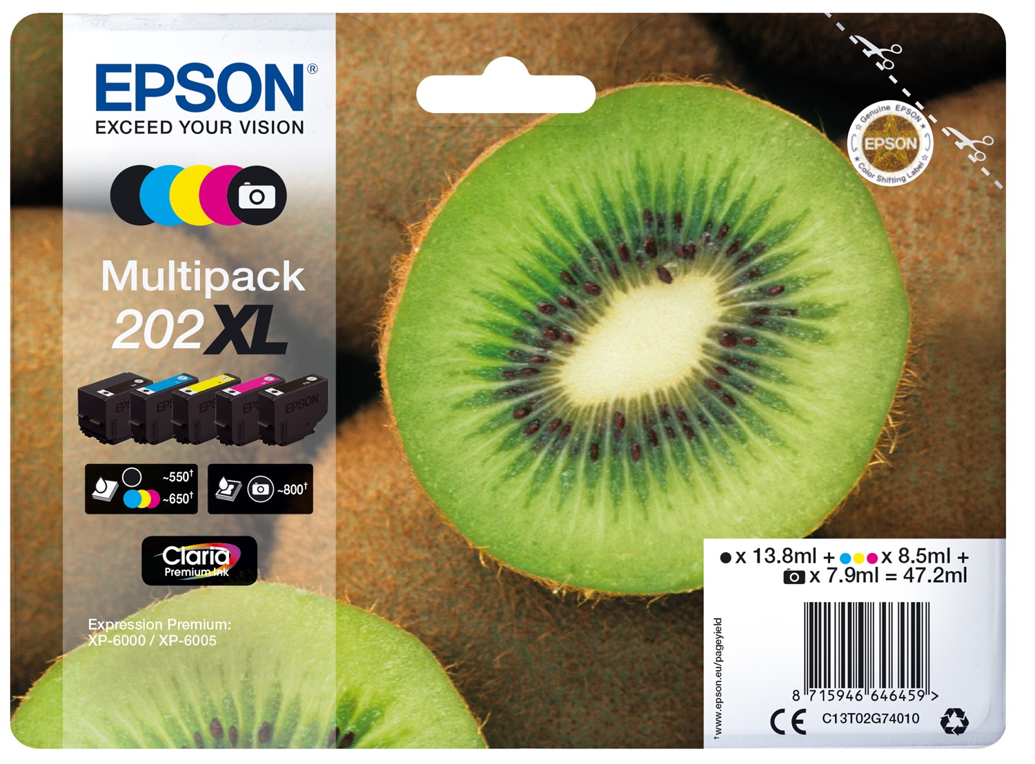 Epson Kiwi Multipack 5-colours 202XL Claria Premium Ink - Nero, Ciano, Magenta, Giallo, Resa Elevata (XL), Inchiostro a base di pigmento e colorato