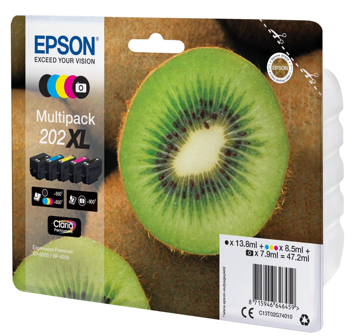 Epson 202XL Kiwi Multipack 5 Colori Claria Premium Ink - Nero, Nero Foto, Ciano, Magenta, Giallo