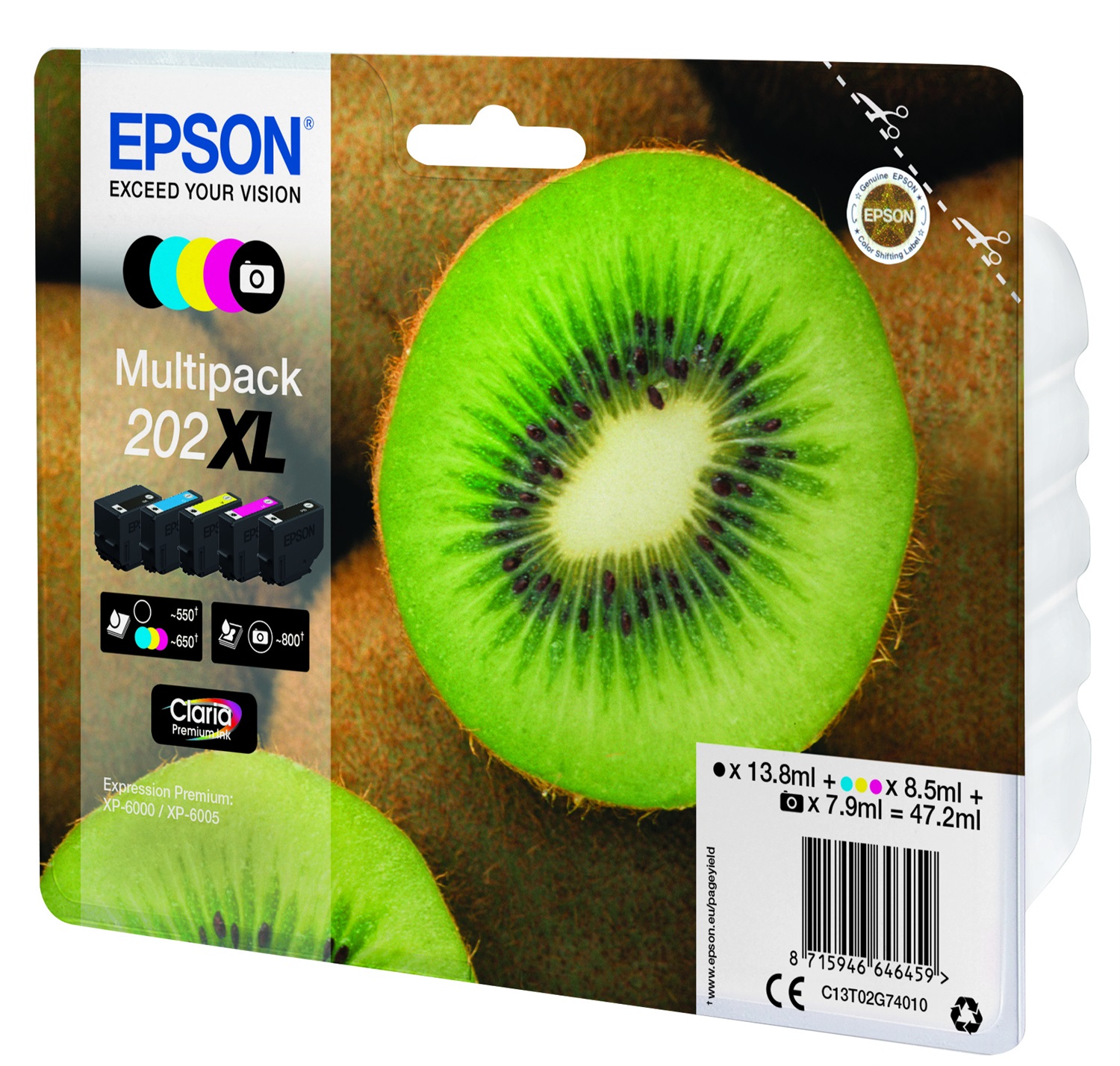 Epson 202XL Kiwi Multipack 5 Colori Claria Premium Ink - Nero, Nero Foto, Ciano, Magenta, Giallo