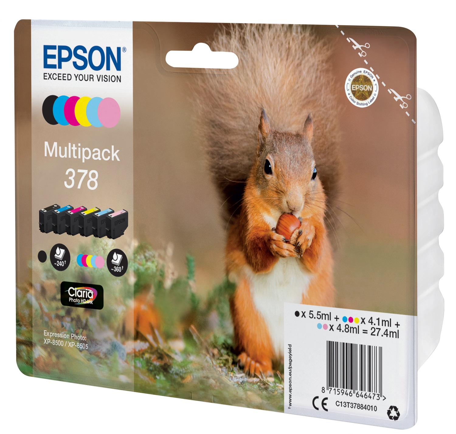 Epson Squirrel Multipack 6 Colori 378 Claria Photo HD Ink - 1 Cartuccia Nero (5,5 ml) 5 Cartucce a Colori (4,1 ml ciascuna)