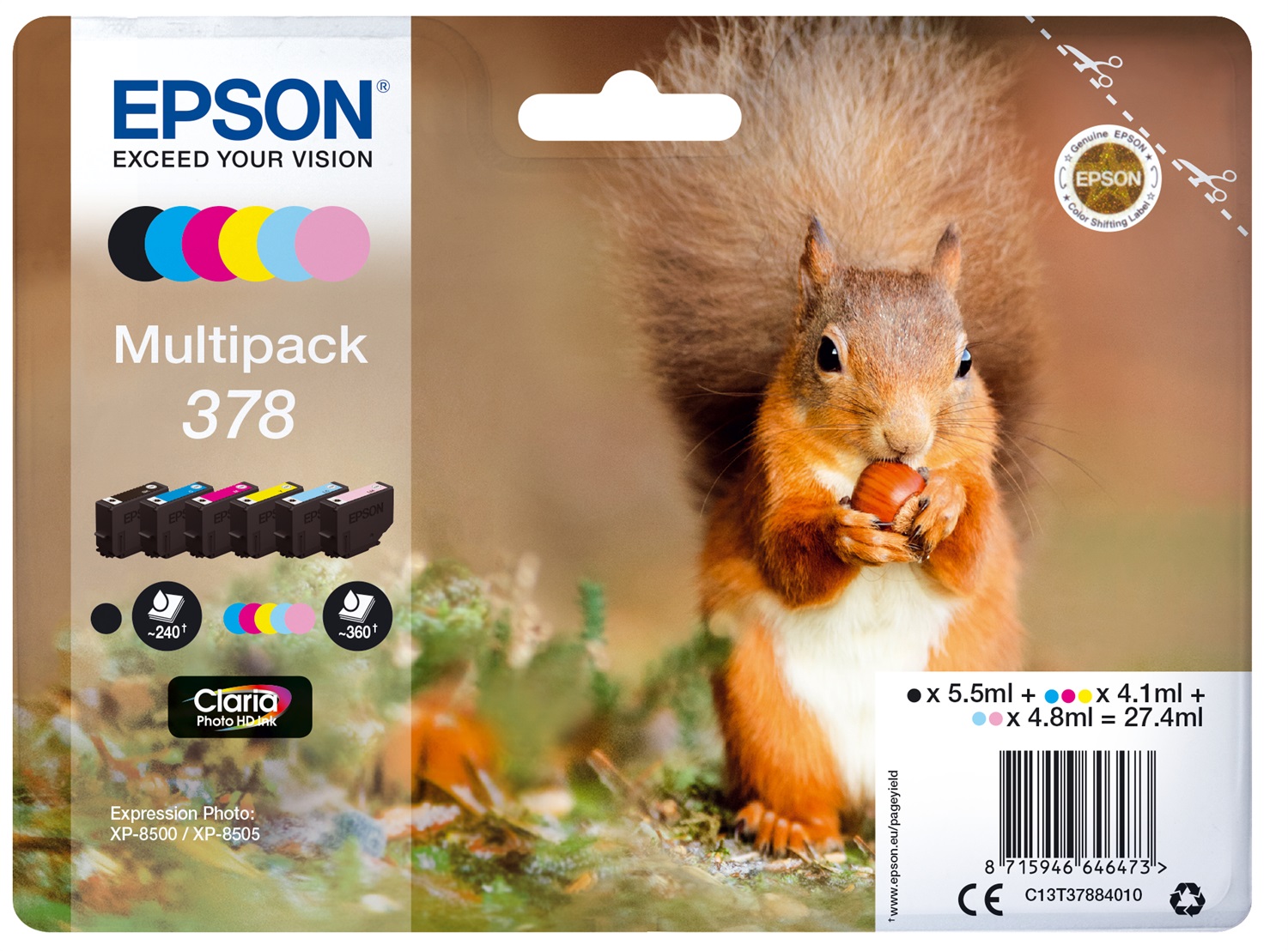 Epson C13T37884020 Multipack 6 Colori Claria Photo HD Ink - Nero, Ciano, Ciano Chiaro, Magenta, Magenta Chiaro, Giallo