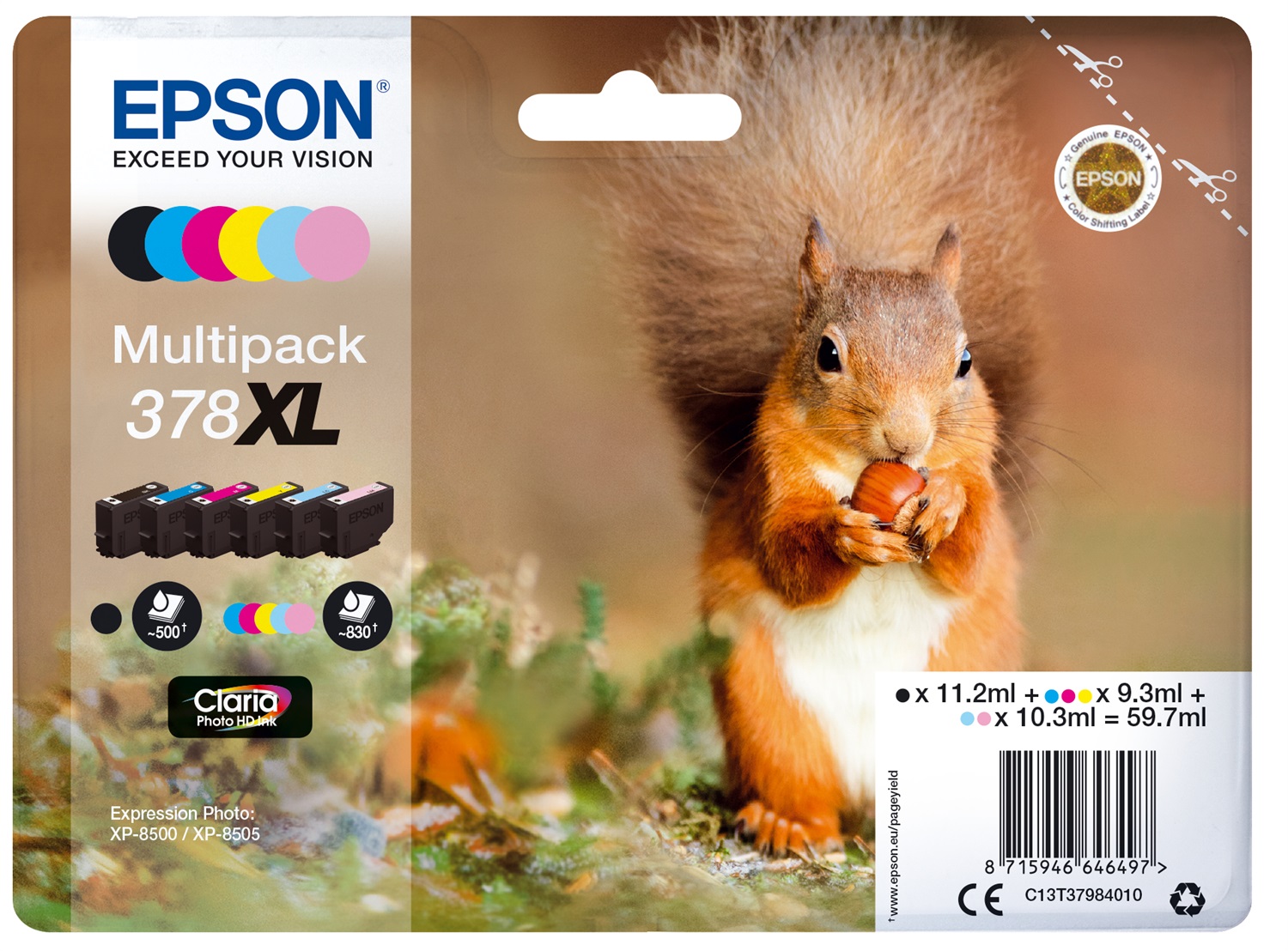 Epson Squirrel Multipack 6-colours 378XL Claria Photo HD Ink - Resa elevata (XL), 6 cartucce: Nero, Ciano, Magenta, Giallo, Ciano chiaro, Magenta chiaro