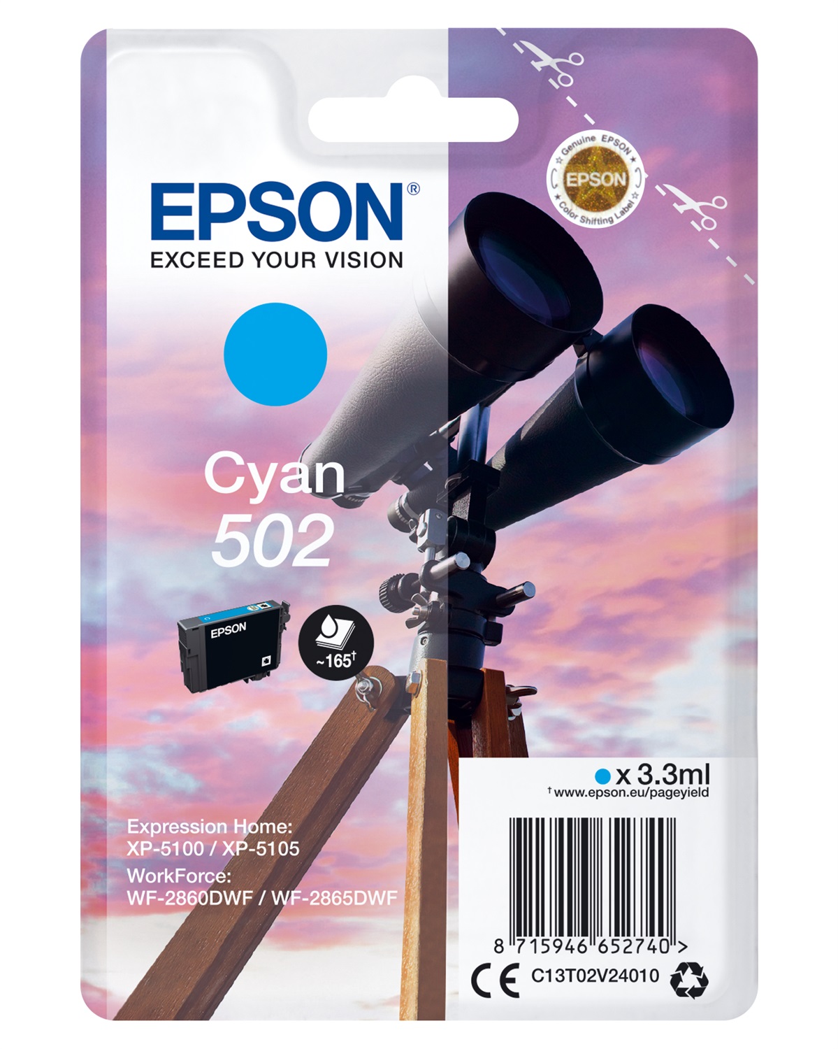 Epson Cartuccia d'Inchiostro Ciano 502 C13T02V24010 - 3,3 ml - Resa Standard - Fino a 165 Pagine