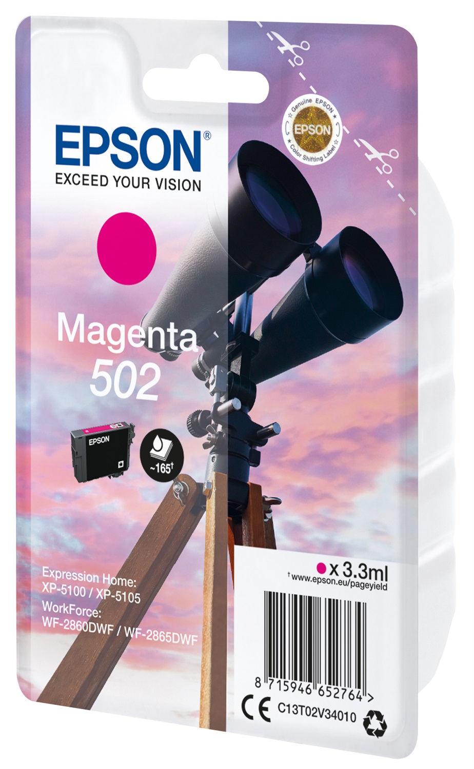 Epson Cartuccia Originale Magenta 502 C13T02V34010 - 3,3 ml, 165 pagine, Compatibile con Expression Home e WorkForce