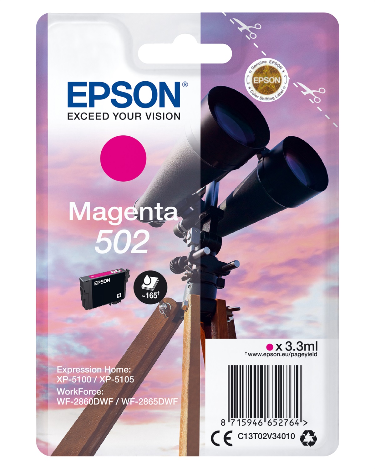 Epson Cartuccia d'Inchiostro Magenta 502 - 3,3 ml, Resa Fino a 165 Pagine, Inchiostro a Base di Pigmento