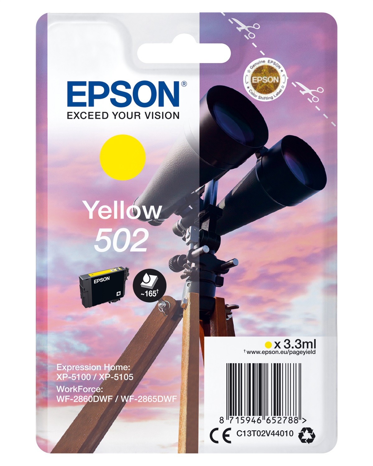 Epson Cartuccia d'Inchiostro Giallo C13T02V44010 502 - 3,3 ml, Fino a 165 Pagine, Compatibile con Expression Home e WorkForce