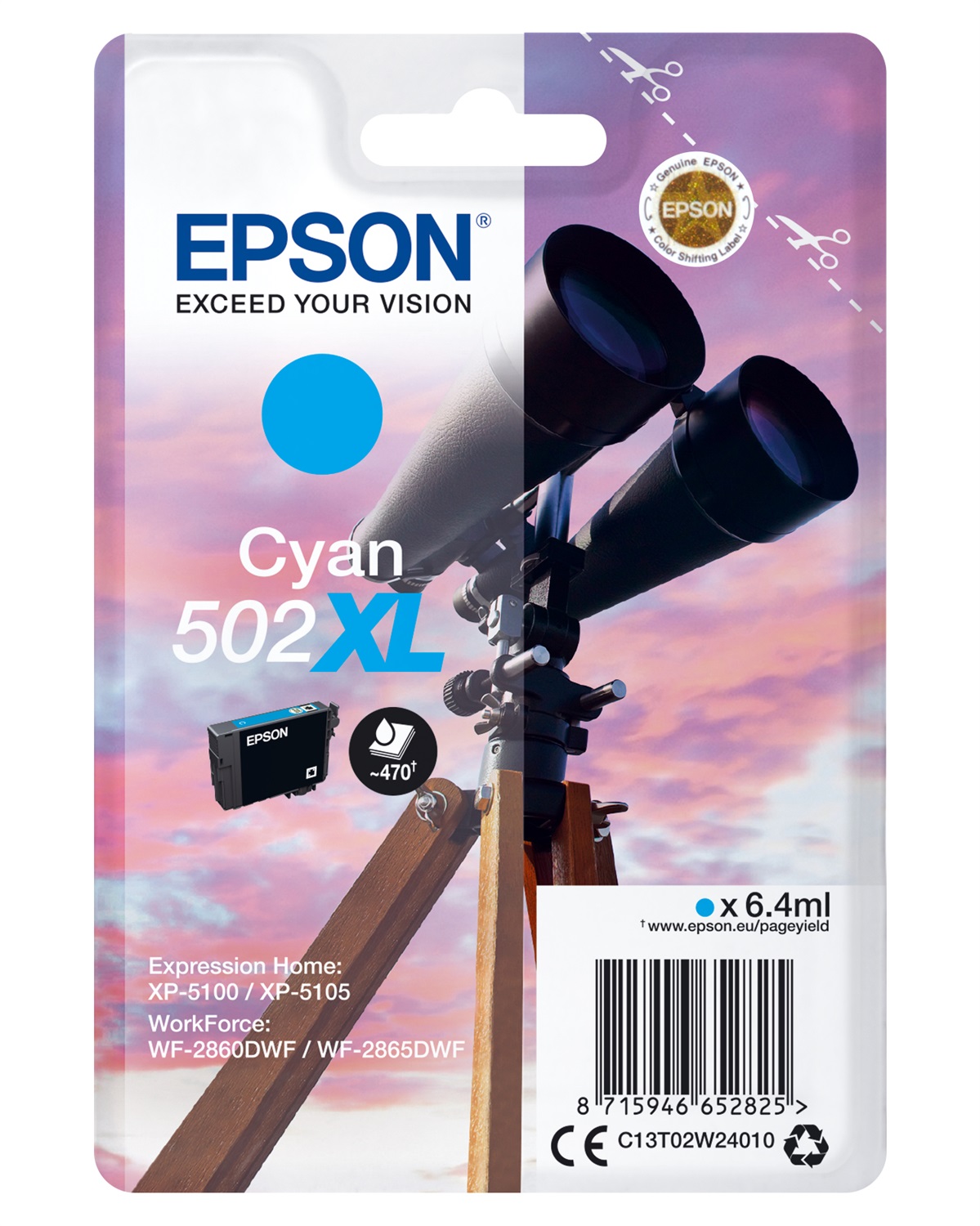 Epson 502XL Cartuccia Ciano Singlepack 6,4 ml - Fino a 470 Pagine, Compatibile con XP-51XX e WF-28XX
