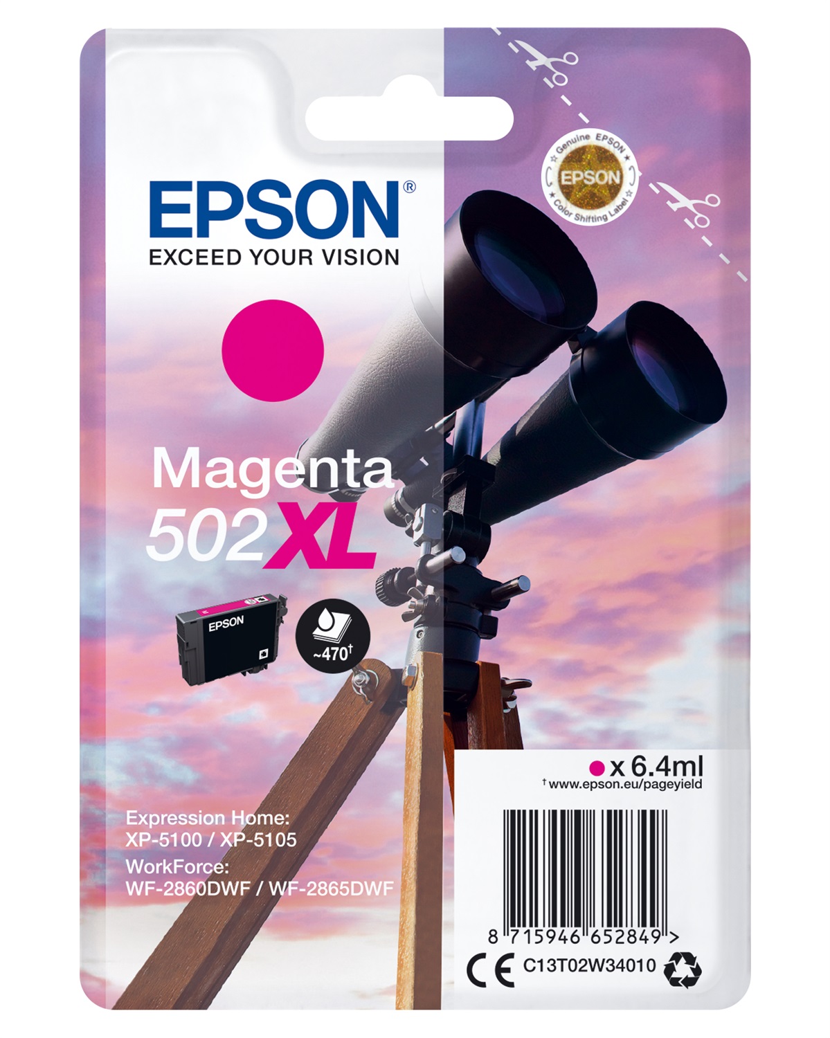 Epson Cartuccia Originale Magenta 502XL C13T02W34010 - 6,4 ml, 470 Pagine, Inchiostro a Base di Pigmento