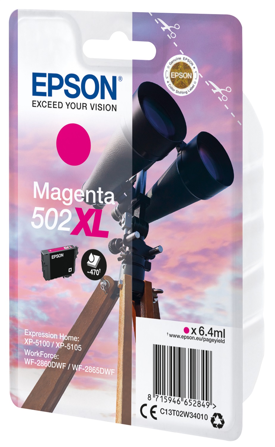 Epson Cartuccia Originale Magenta 502XL C13T02W34010 - 6,4 ml, 470 Pagine, Inchiostro a Base di Pigmento