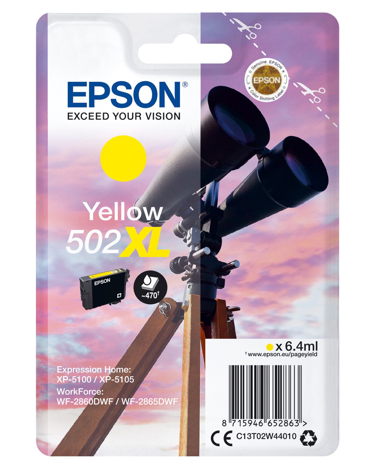 Epson C13T02W44010 Cartuccia d'Inchiostro Giallo 502XL - 6,4 ml, Resa Elevata (470 pagine), Inchiostro a Base di Pigmento