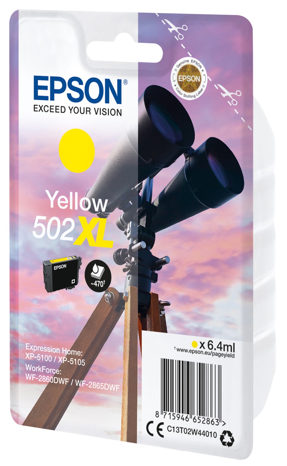 Epson C13T02W44010 Cartuccia d'Inchiostro Giallo 502XL - 6,4 ml, Resa Elevata (470 pagine), Inchiostro a Base di Pigmento