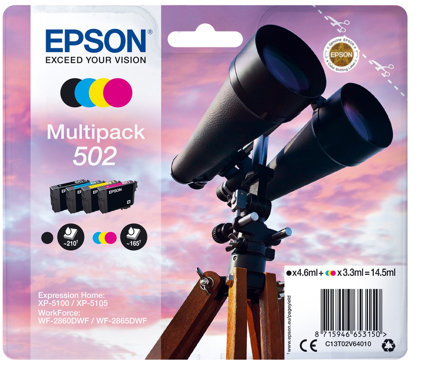 Epson C13T02V64010 Multipack 4 Colori 502 Ink - Nero, Ciano, Magenta, Giallo, Resa Standard