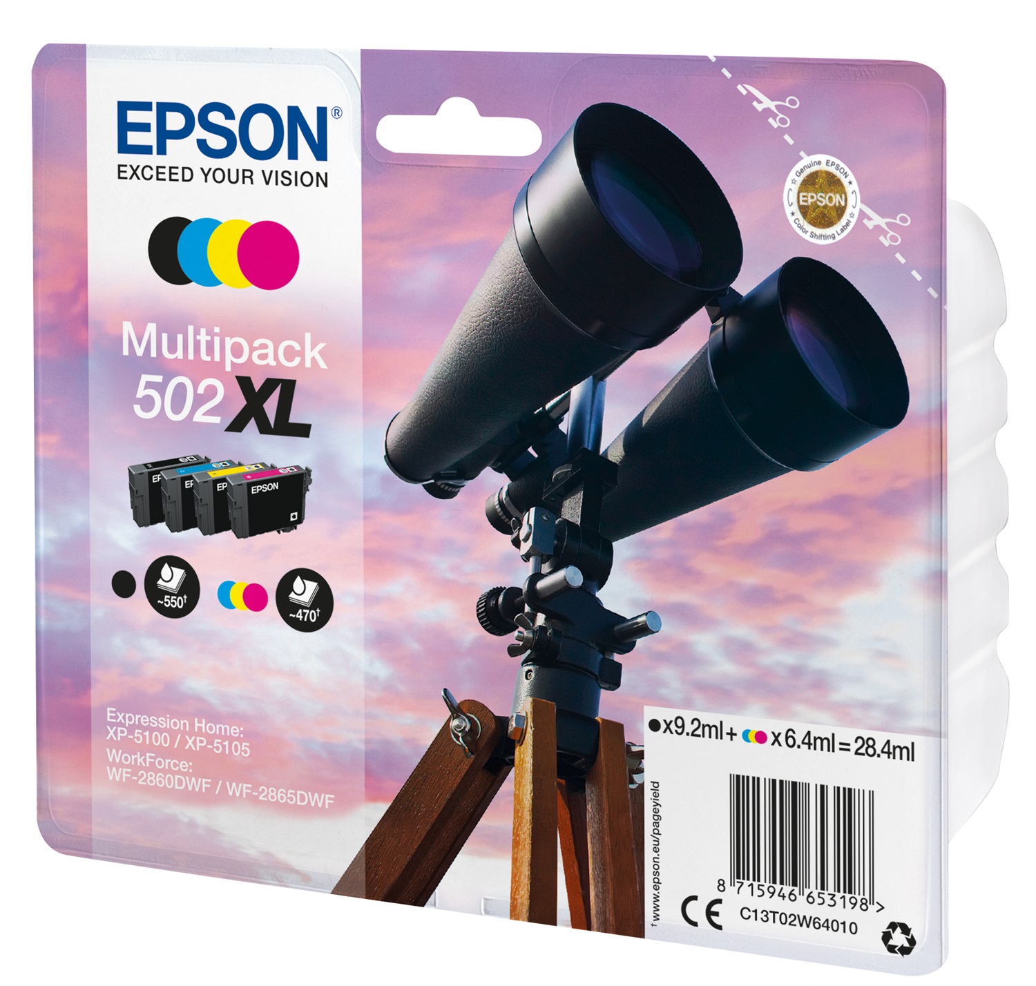 Epson 502XL Multipack 4 Colori - Nero 9,2 ml, Ciano 6,4 ml, Magenta 6,4 ml, Giallo 6,4 ml - Inchiostro a base di pigmento